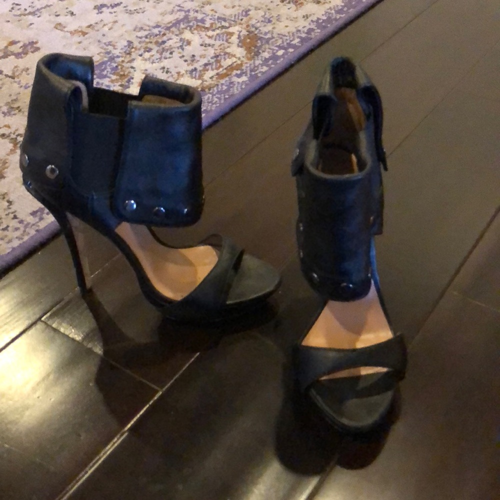 L.A.M.B black leather open toe heels